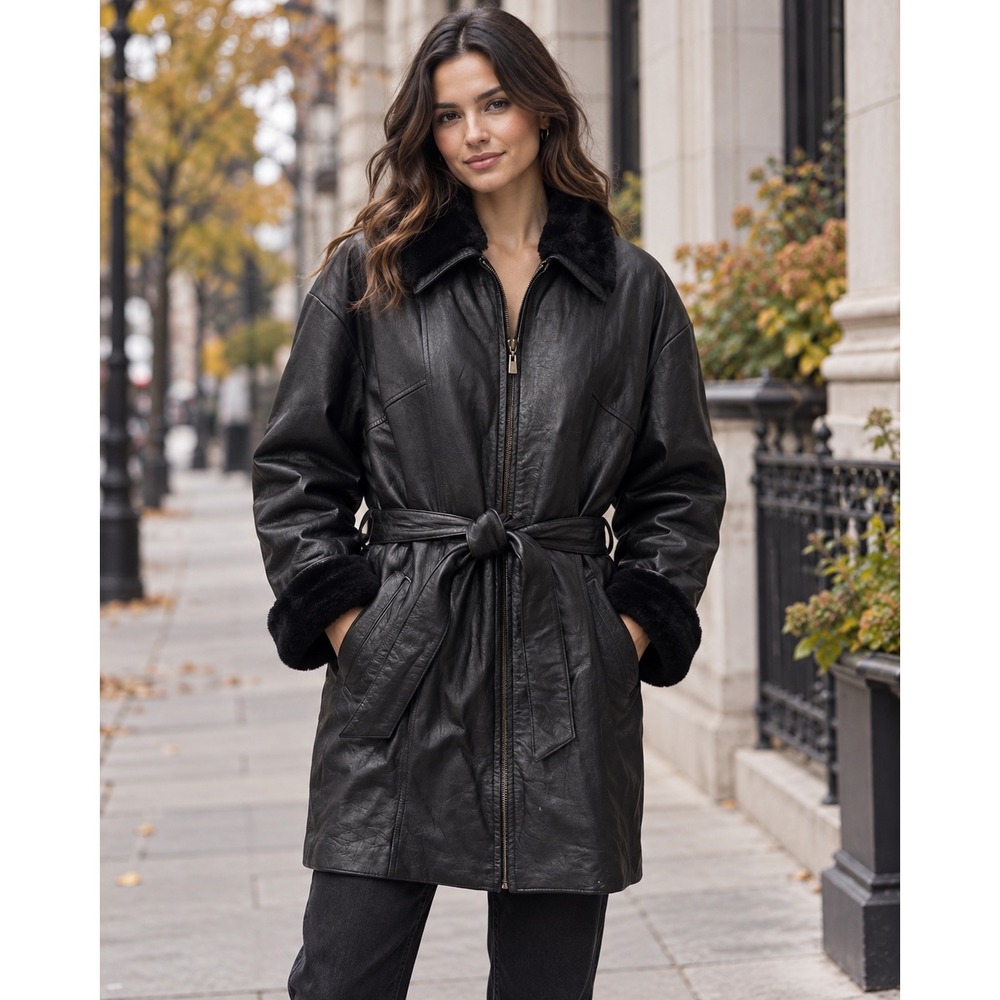 Vintage Wilsons Black Leather Faux Fur Lined Parka Jacket Size Large